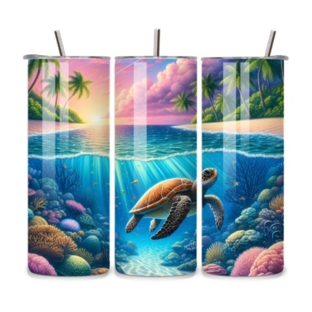 Handmade Sea Turtle Coral Reef 20oz Stainless Steel Tumbler – Tropical Ocean Cup